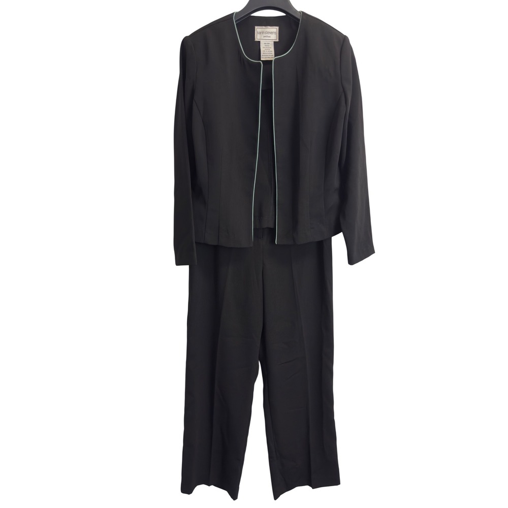 Karin Stevens Petites 10P Black Pant Suit Mint Green Trim Open Front Jacket
